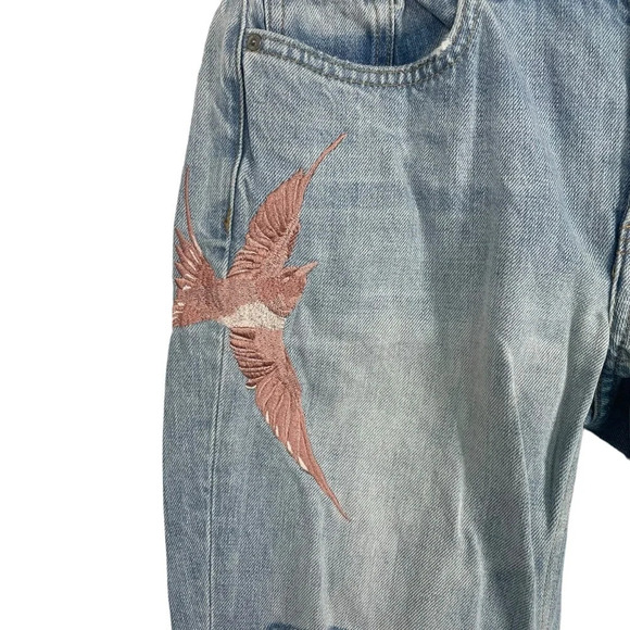 AllSaints Alana Embroidered Bird Distressed Boyfriend Jeans in Blue/Pink Size 26 - Picture 8 of 13